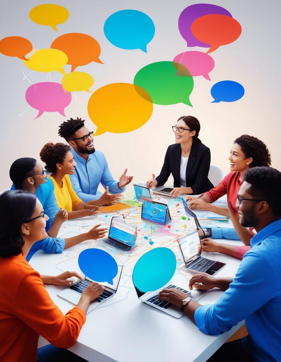 A vibrant digital landscape representing a thriving online community, filled with diverse people engaging in discussions at various virtual tables, colorful chat bubbles emerging, and a backdrop of interconnected networks symbolizing Upenet. The atmosphere is lively and inviting, showcasing the joy of collaboration and interaction. super-realistic. vibrant colors. white background.