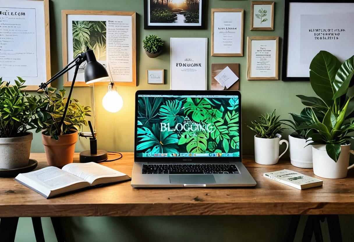 A desktop workspace featuring a laptop open with a blog post on the screen, surrounded by inspirational books about blogging, a notepad filled with ideas, and a steaming cup of coffee. In the background, a cozy and creative atmosphere with plants and motivational quotes on the wall. Soft warm lighting that creates an inviting vibe. super-realistic. vibrant colors. cozy ambiance.
