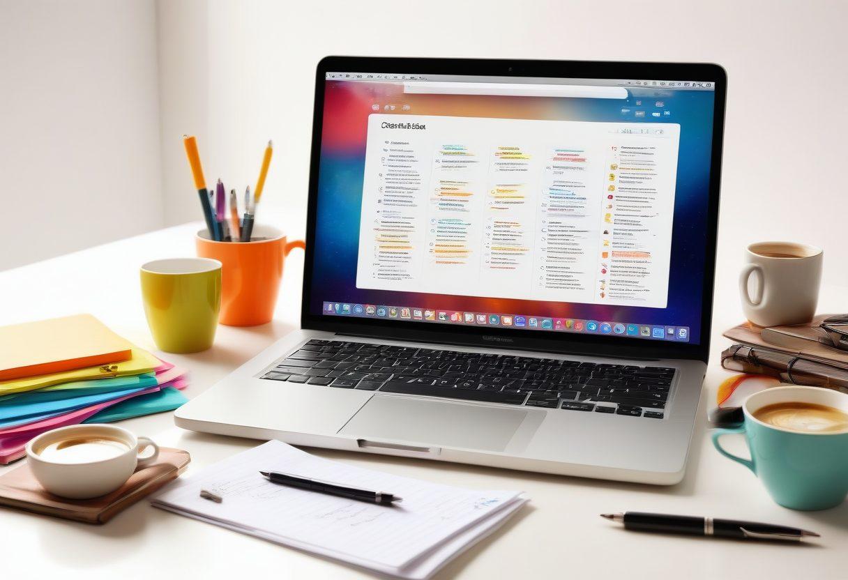 An open laptop showcasing a vibrant blog interface, surrounded by colorful coffee cups and creative notes, symbolizing digital publishing. A glowing key unlocking a treasure chest overflowing with digital tools like pens, paper, and icons representing blogging success. A soft glow emanates from the laptop screen, illuminating the scene with a warm, inviting feel. super-realistic. vibrant colors. white background.